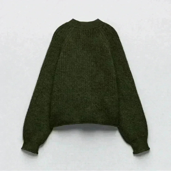 Zara Purl Knit Button Front Alpaca Wool Dark Green Oversized Cardigan size S - Picture 3 of 10